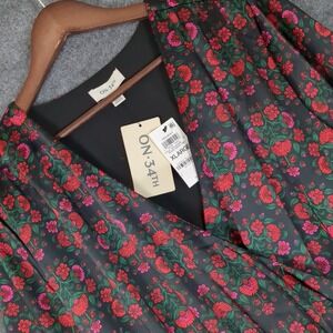 On 34th Womens Floral Faux Wrap Midi Dress Black Green XL New